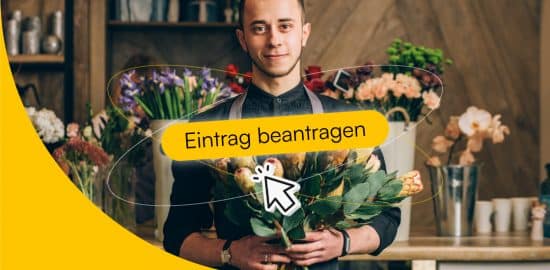 Florist mit Blumen in der Hand, vor ihm ein CTA mit dem Schriftzug "Eintrag beantragen"