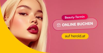 Gesicht einer Frau auf knalligem Hintergrund. Neben ihr steht: "Beauty-Termin online buchen auf herold.at"